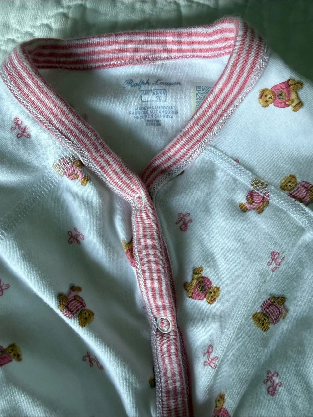 Polo by Ralph Lauren White Footed Coverall with Pink Trim and Bear Print